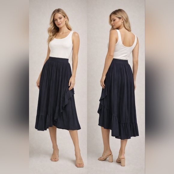 Sundays Bacall Pleated Ruffle Midi Skirt Navy Size 1 NWT - Picture 4 of 4